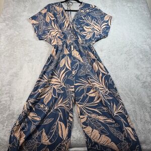Laine Honolulu Jumpsuit Womens Small Blue Tan Tropical Palm Leaf Wide Leg V-Neck